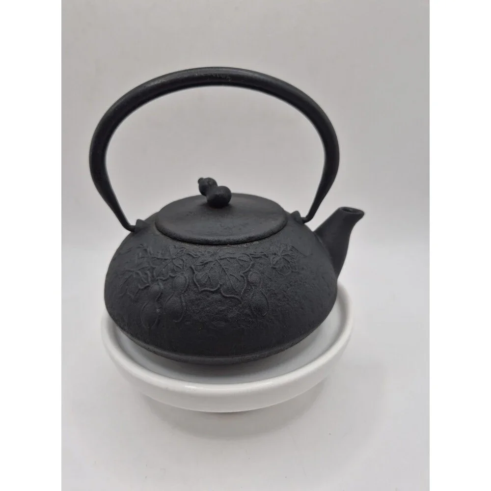 Vintage Cast Iron Japanese Tetsubin Tea Kettle Cherry Blossom Black